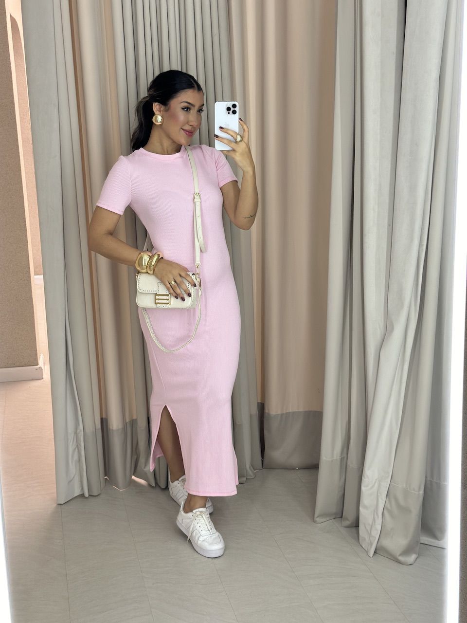 VESTIDO TÂNIA MANGA CURTA ROSA BALÉ - 0058220381 - CAROLLA FERRARO