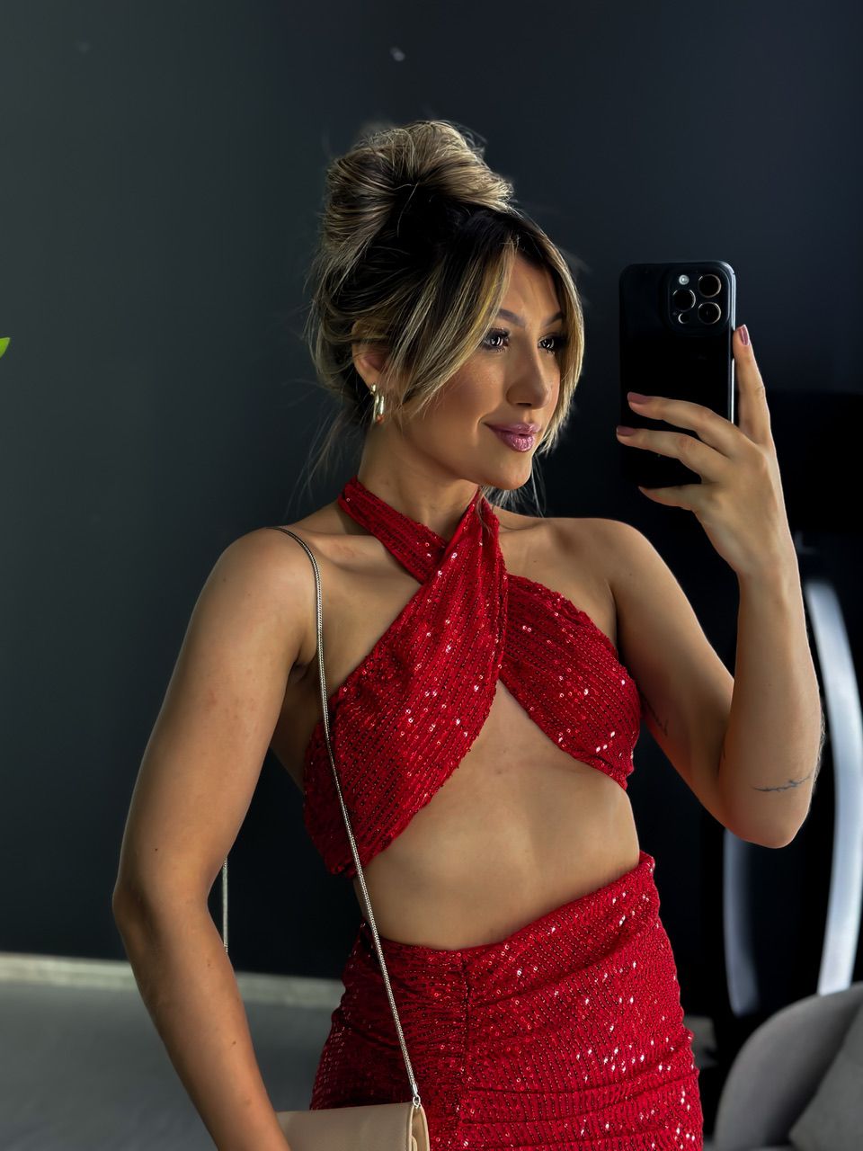 CONJUNTO TOP FAIXA PAETÊ VERMELHO