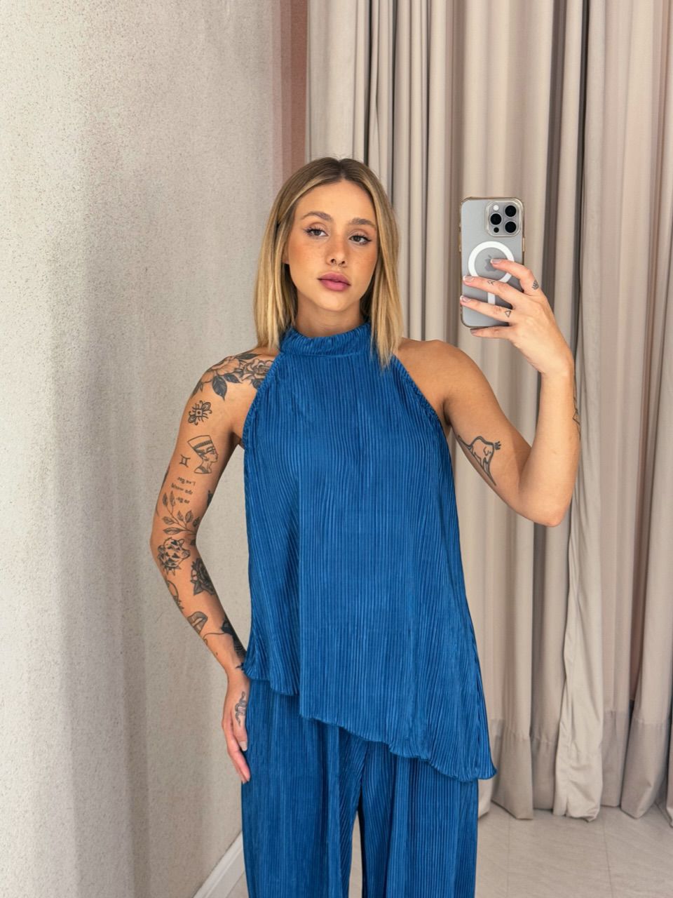 CONJUNTO ESTHER PLISSADO AZUL