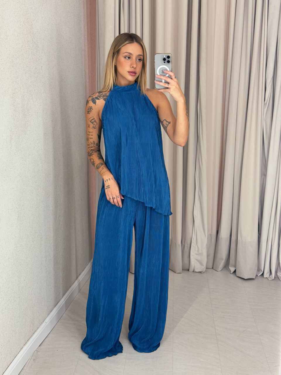 CONJUNTO ESTHER PLISSADO AZUL