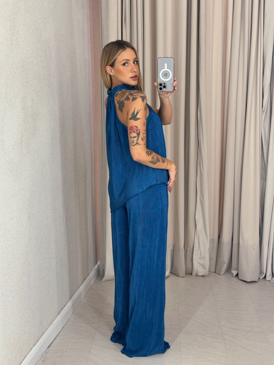CONJUNTO ESTHER PLISSADO AZUL