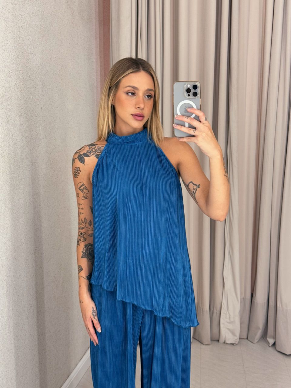 CONJUNTO ESTHER PLISSADO AZUL