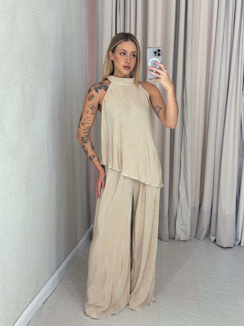 CONJUNTO ESTHER PLISSADO MARFIM - 0059090056 - CAROLLA FERRARO