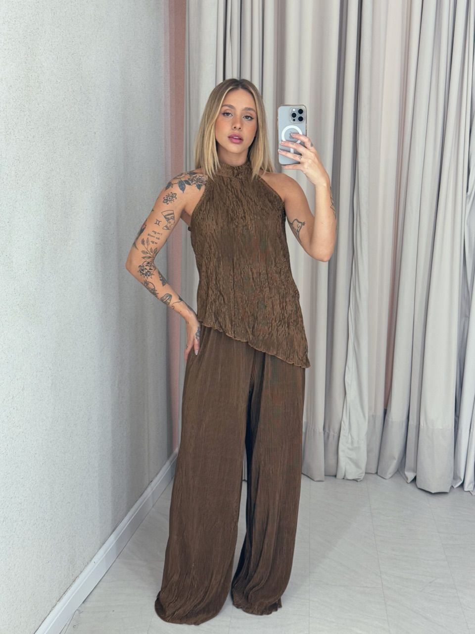 CONJUNTO ESTHER PLISSADO MARROM - 0059090054 - CAROLLA FERRARO