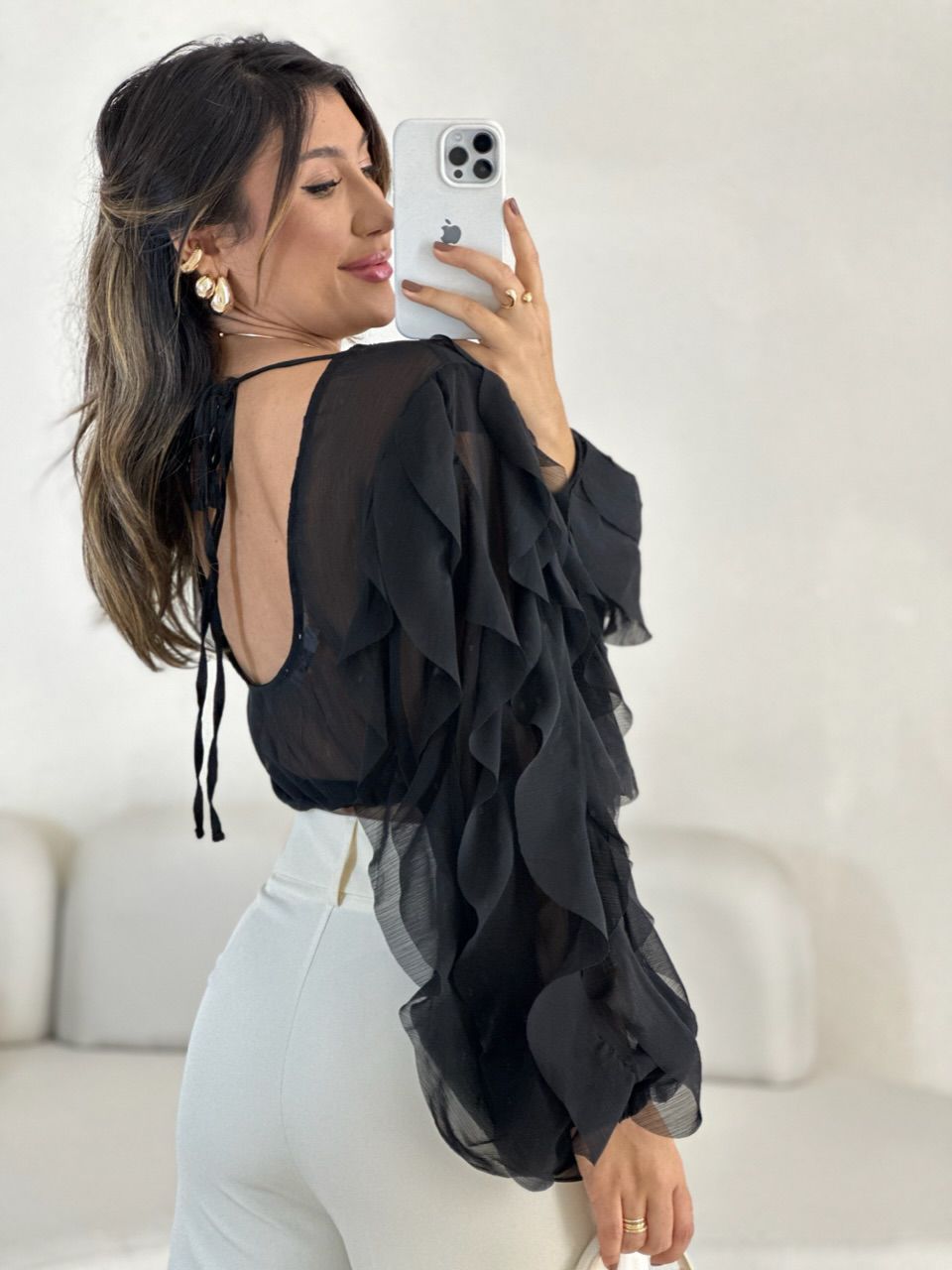 BLUSA FLÁVIA BABADO VERTICAL PRETO