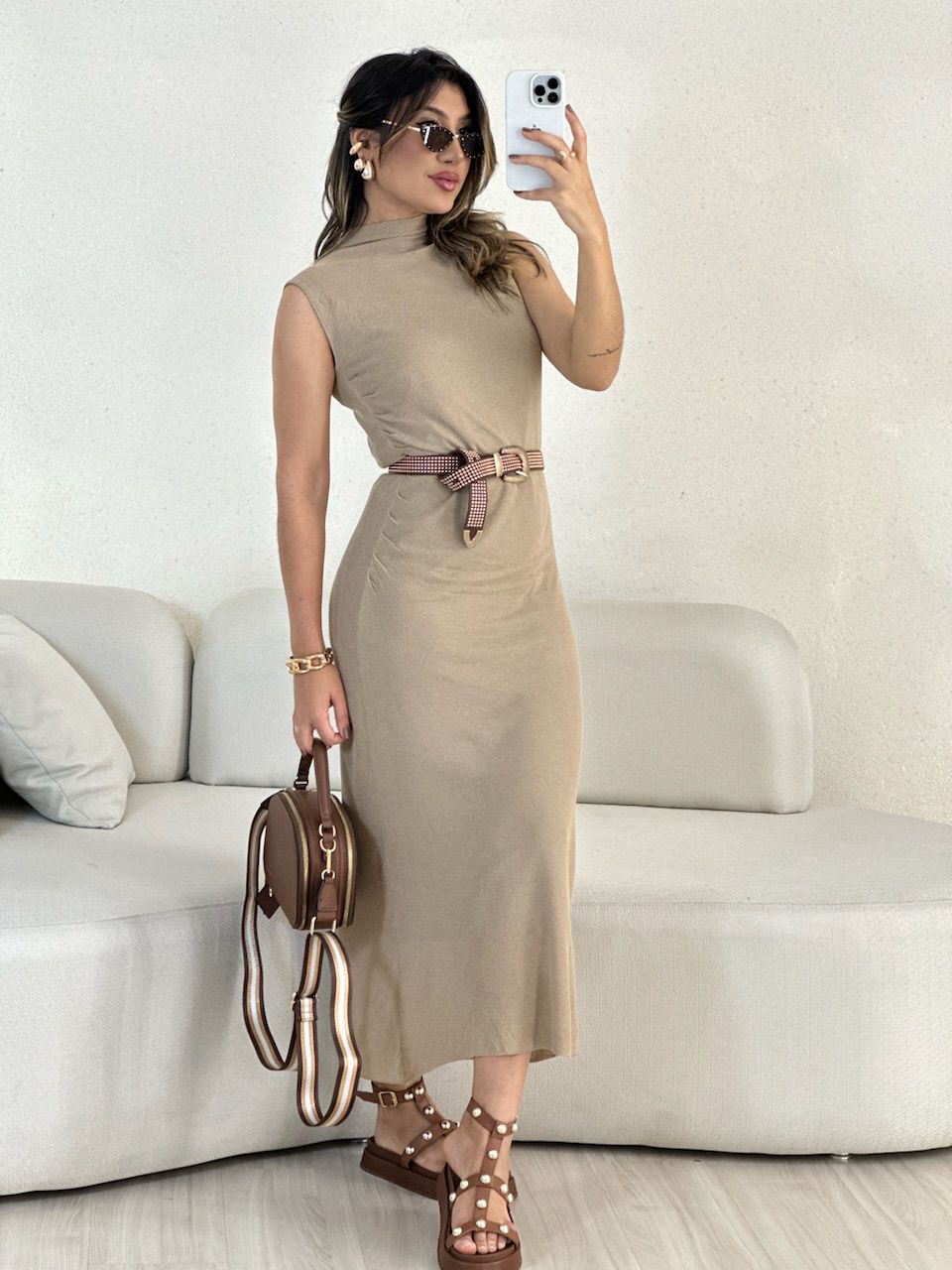 VESTIDO ANA ALICE CAVADO Caqui - 0055010096 - CAROLLA FERRARO