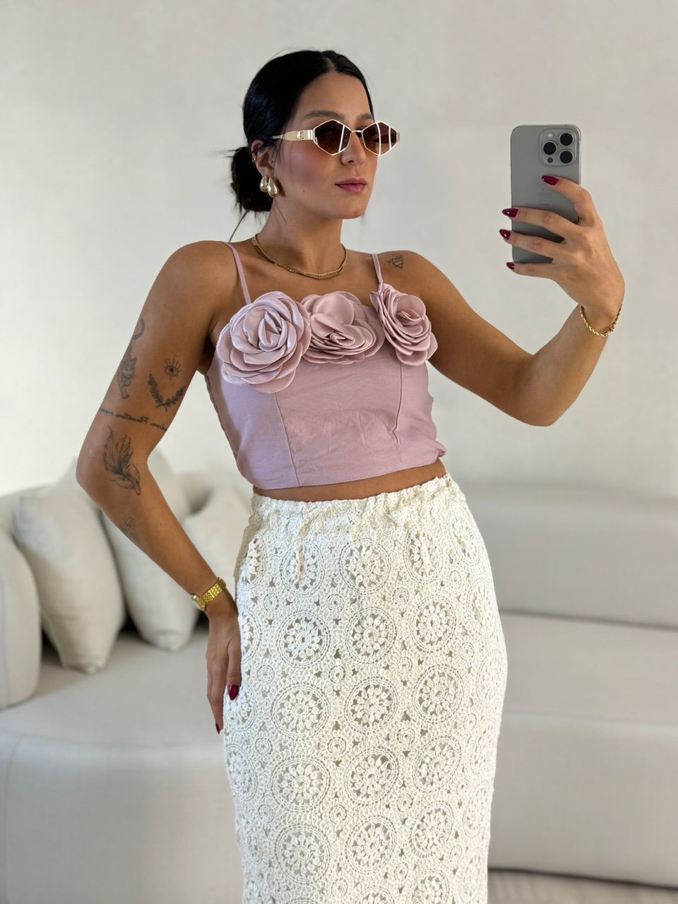 CROPPED MEL FLORES ROSA QUEIMADO