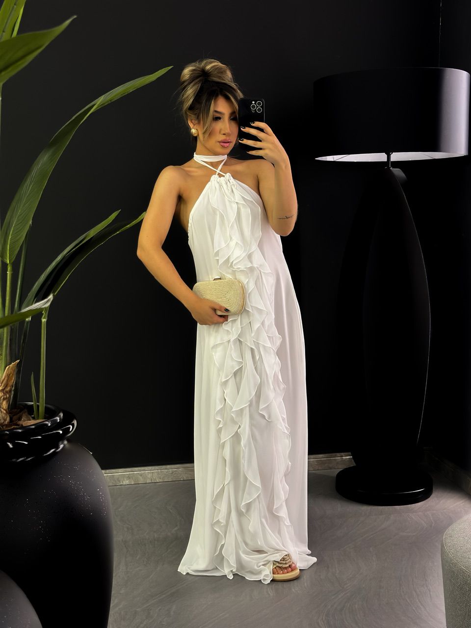 VESTIDO BABADOS CF COSTAS ABERTA OFF - 0046100048 - CAROLLA FERRARO