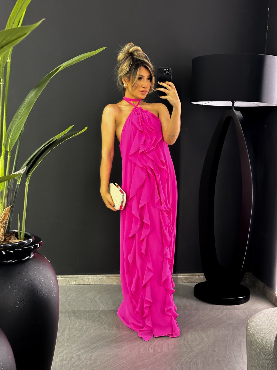 VESTIDO BABADOS CF COSTAS ABERTA PINK - 0046100037 - CAROLLA FERRARO