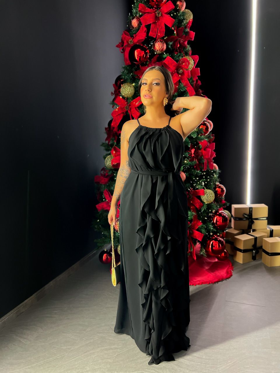 VESTIDO CF BABADOS LONGO PRETO