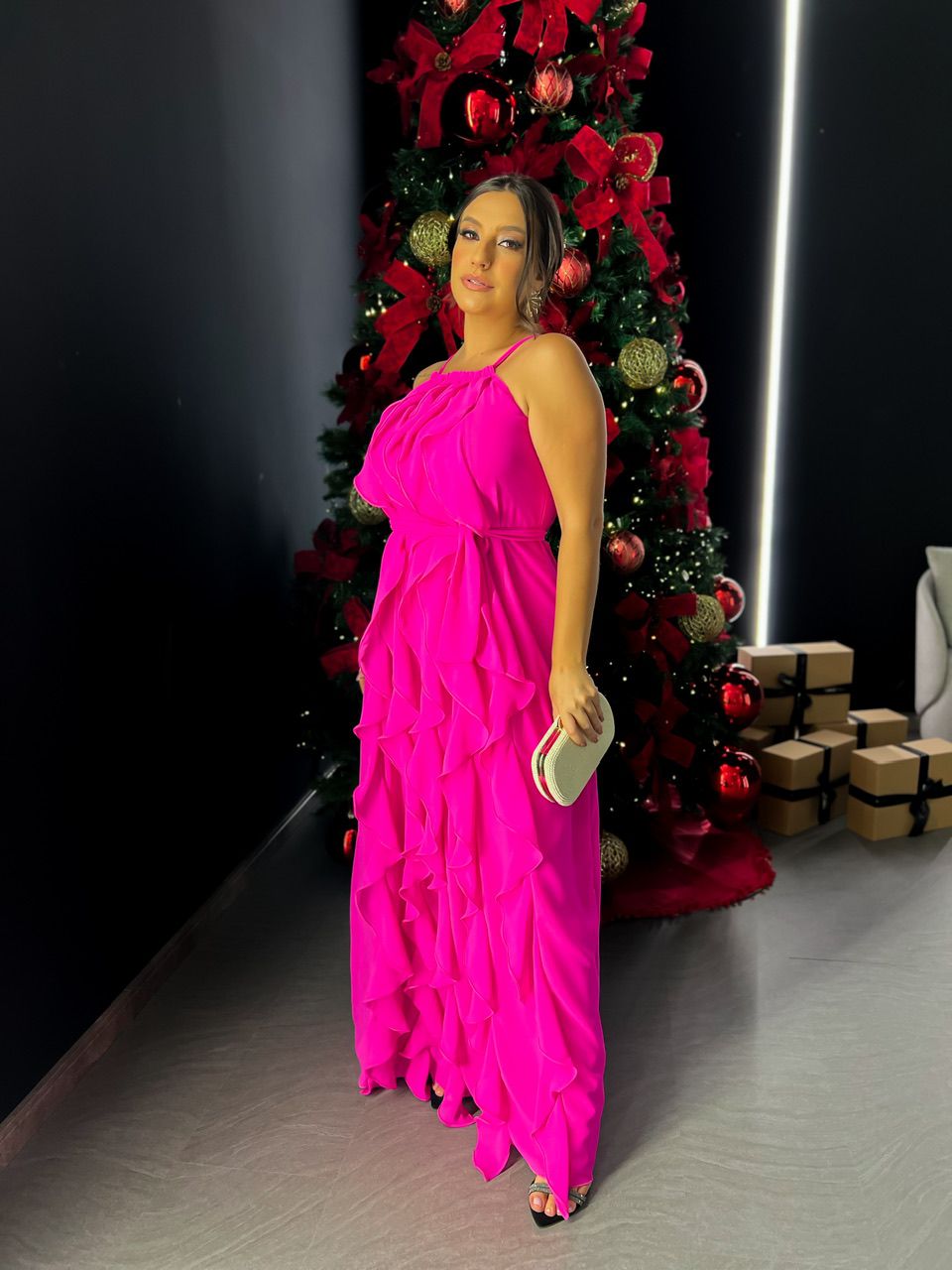 VESTIDO CF BABADOS LONGO PINK