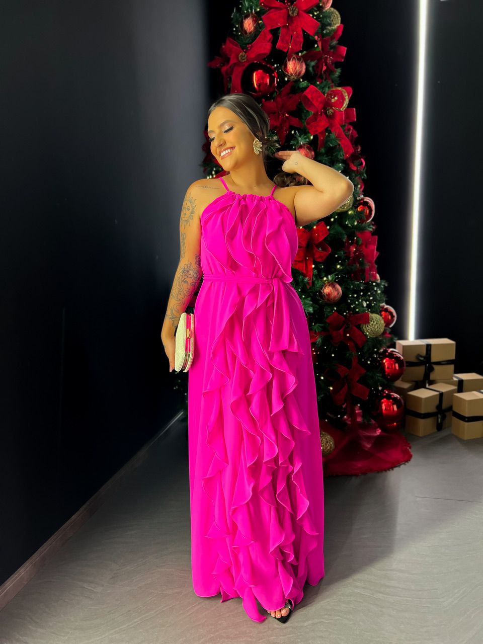 VESTIDO CF BABADOS LONGO PINK