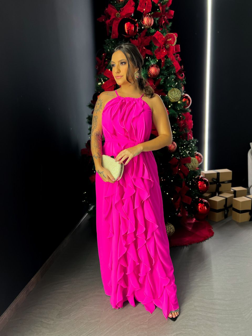 VESTIDO CF BABADOS LONGO PINK