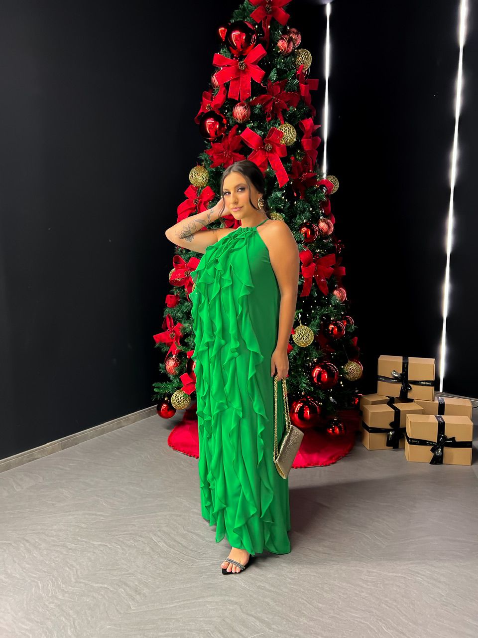 VESTIDO CF BABADOS LONGO VERDE