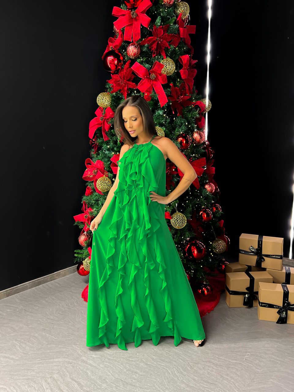 VESTIDO CF BABADOS LONGO VERDE