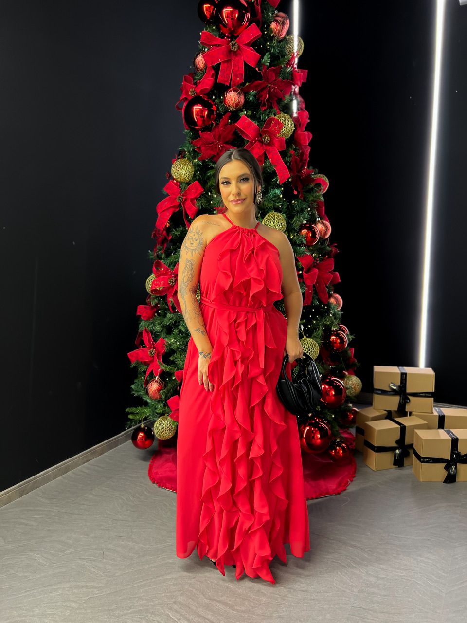 VESTIDO CF BABADOS LONGO VERMELHO