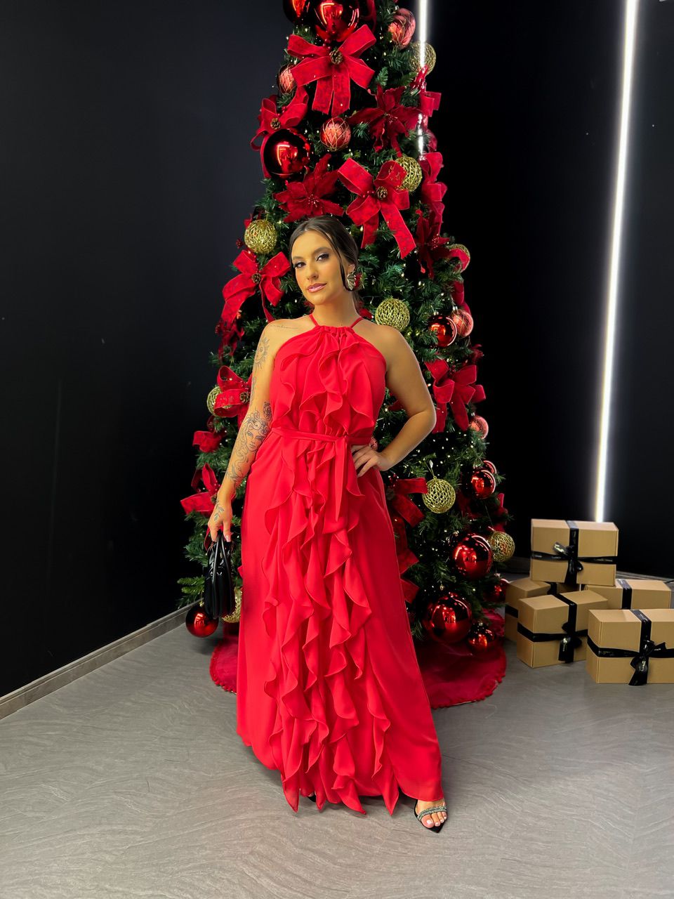 VESTIDO CF BABADOS LONGO VERMELHO