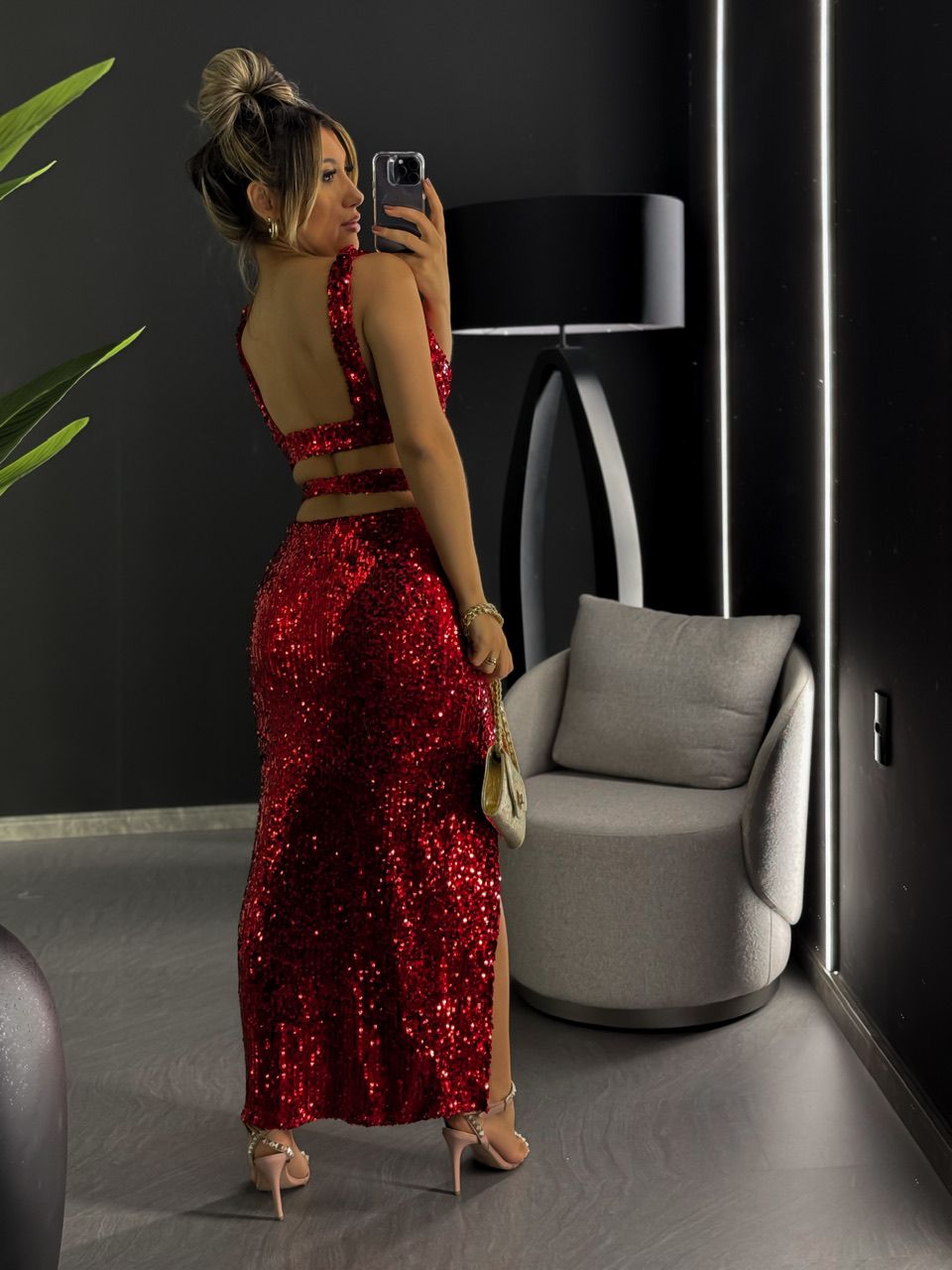 CONJUNTO TOP SAIA PAETÊ VERMELHO