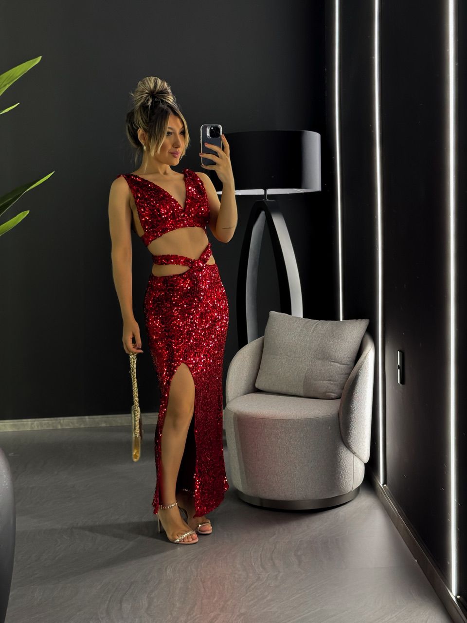 CONJUNTO TOP SAIA PAETÊ VERMELHO