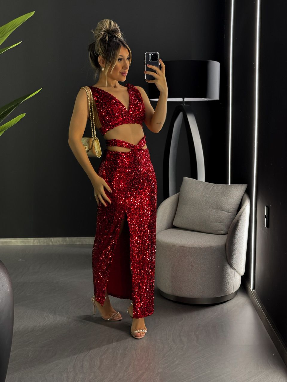 CONJUNTO TOP SAIA PAETÊ VERMELHO