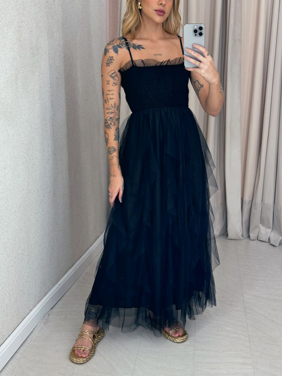 VESTIDO ISABEL TULE preto