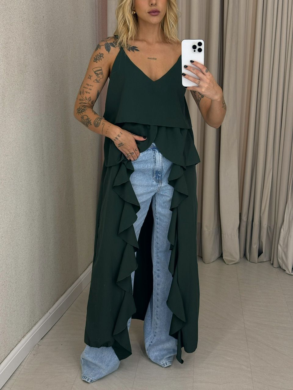 BLUSA LILA BABADOS ALÇA VERDE