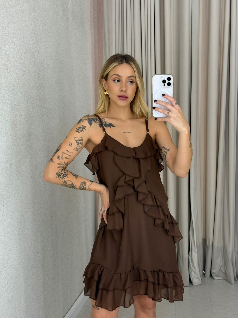 VESTIDO KAYLA ALÇA BABADOS Marrom