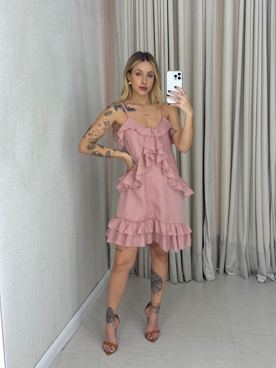 VESTIDO KAYLA ALÇA BABADOS Rosê - 0063140025 - CAROLLA FERRARO