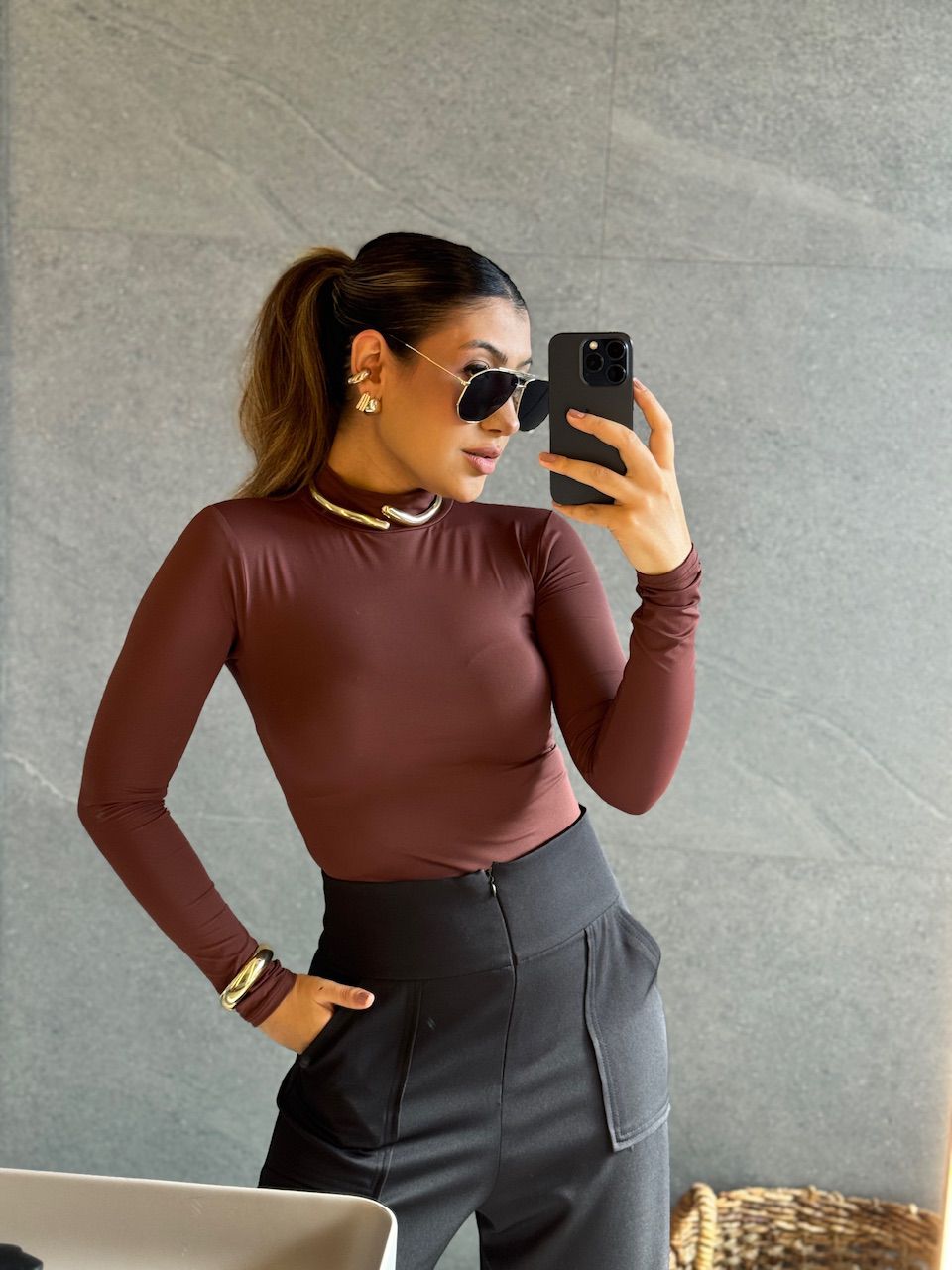 BODY LUDMILA CF MANGA MARROM - 0065500054 - CAROLLA FERRARO