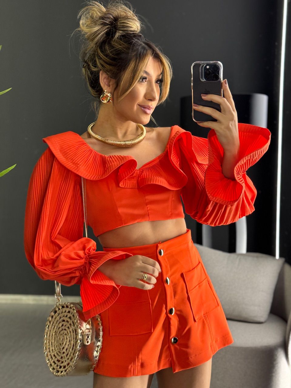 CROPPED MÔNICA PLISSADO LARANJA