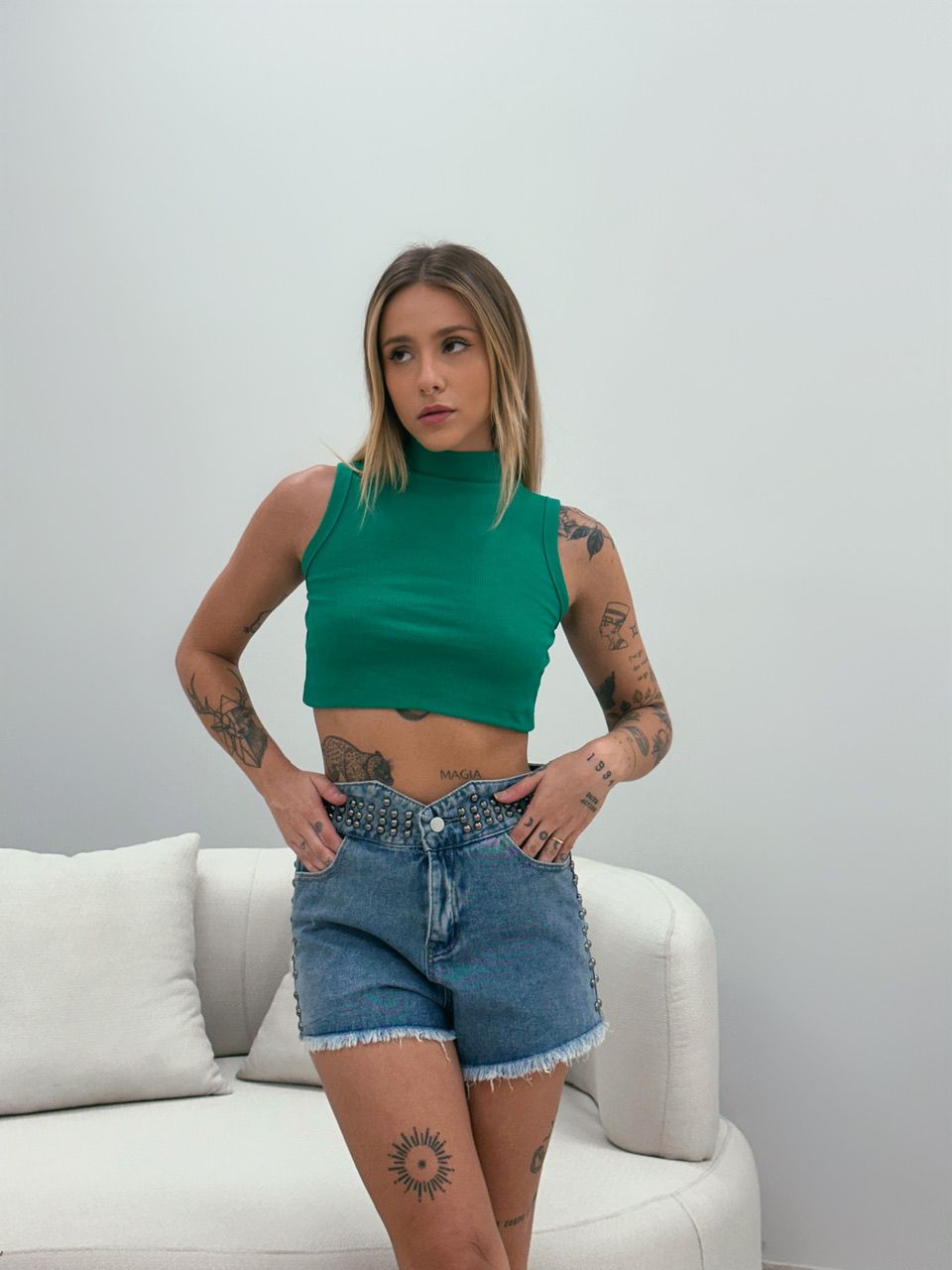 CROPPED CARLA CANELADO VERDE - 0048490014 - CAROLLA FERRARO
