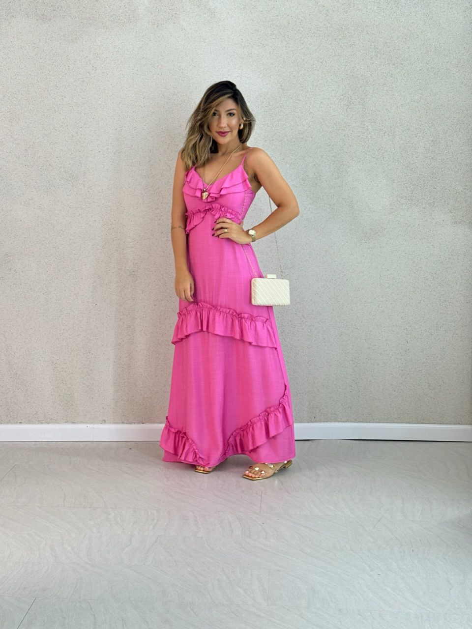 VESTIDO LARA BABADOS ROSA - 0050710031 - CAROLLA FERRARO