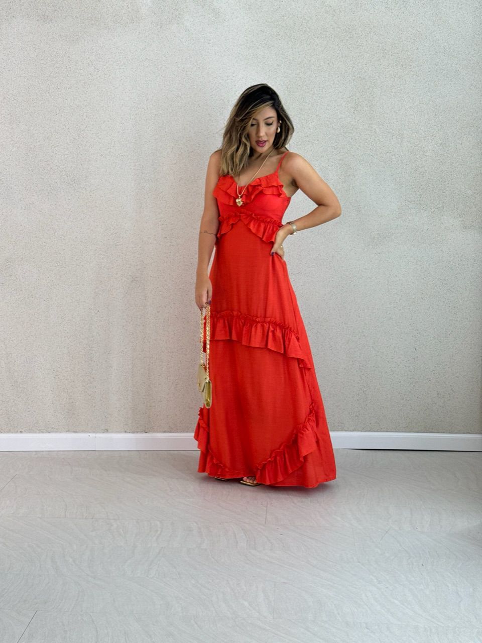 VESTIDO LARA BABADOS VERMELHO - 0050710006 - CAROLLA FERRARO