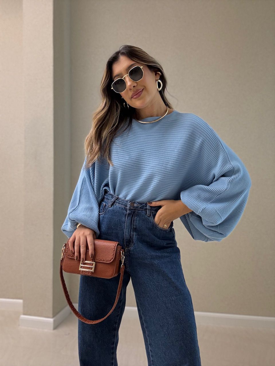 BLUSA AMÁLIA TRICOT AZUL - 0064160109 - CAROLLA FERRARO