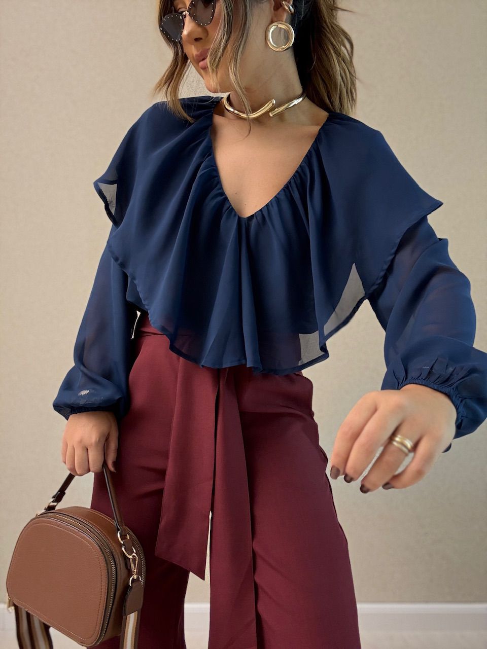 BLUSA TALITA BABADO MARINHO - 0064150055 - CAROLLA FERRARO