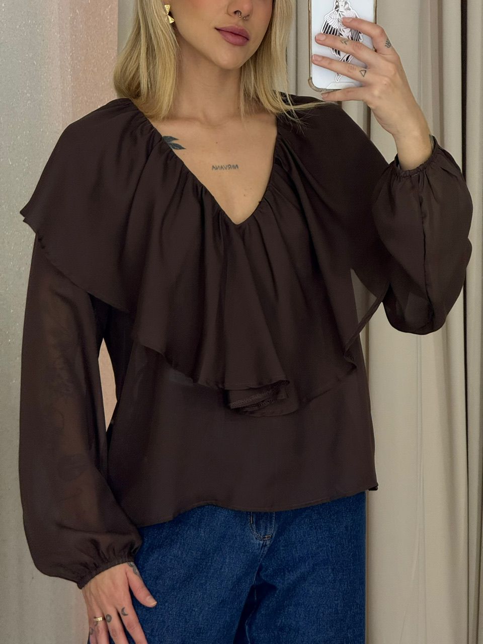 BLUSA TALITA BABADO MARROM