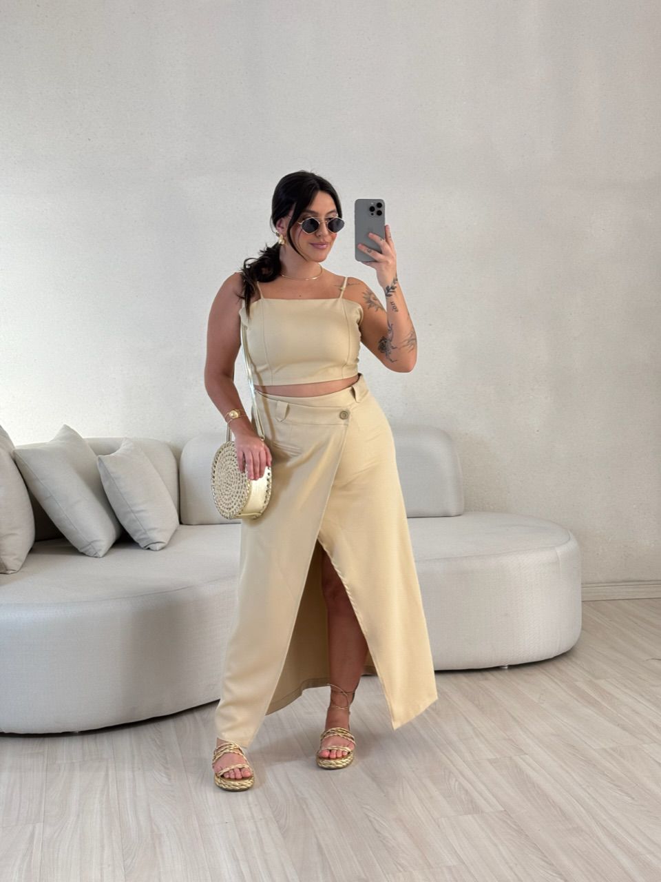 CONJUNTO FELISIA TOP SAIA MIDI Areia