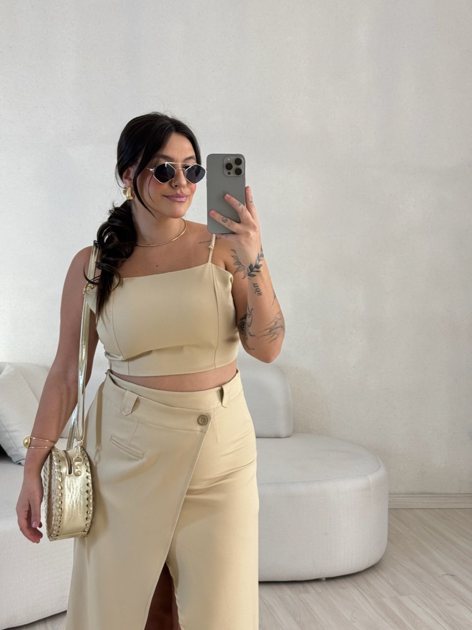 CONJUNTO FELISIA TOP SAIA MIDI Areia
