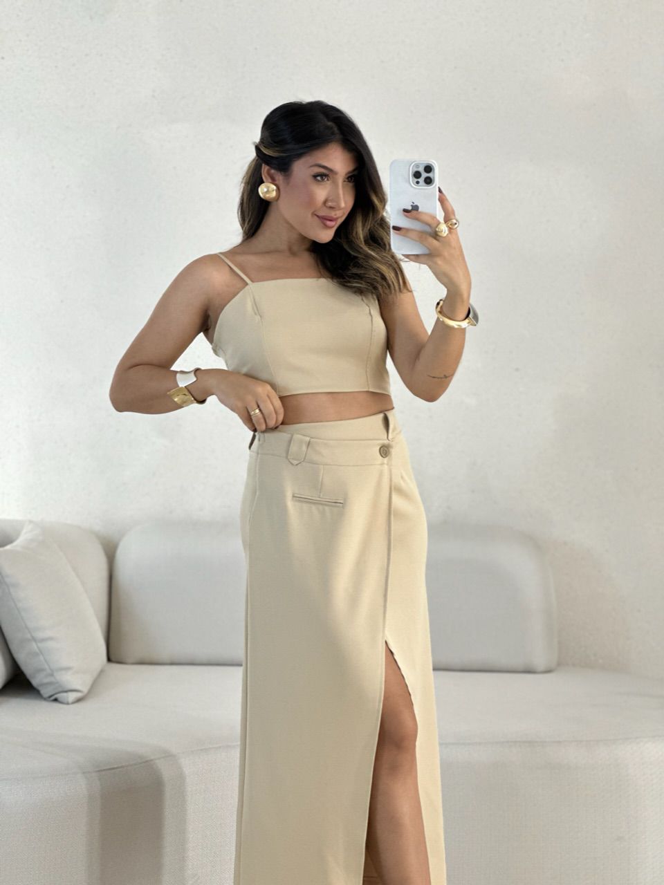 CONJUNTO FELISIA TOP SAIA MIDI Areia