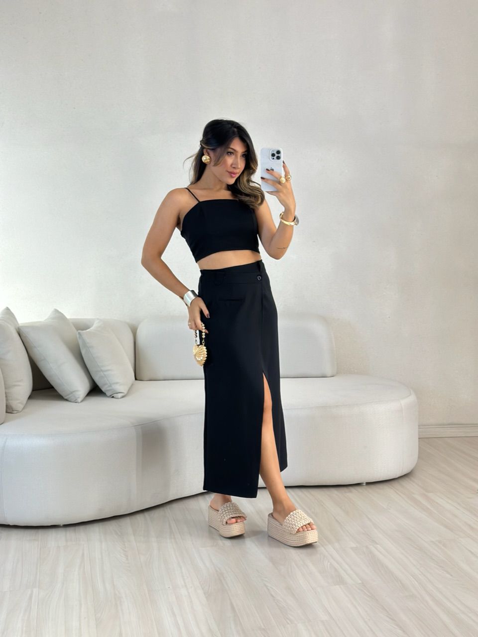 CONJUNTO FELISIA TOP SAIA MIDI preto
