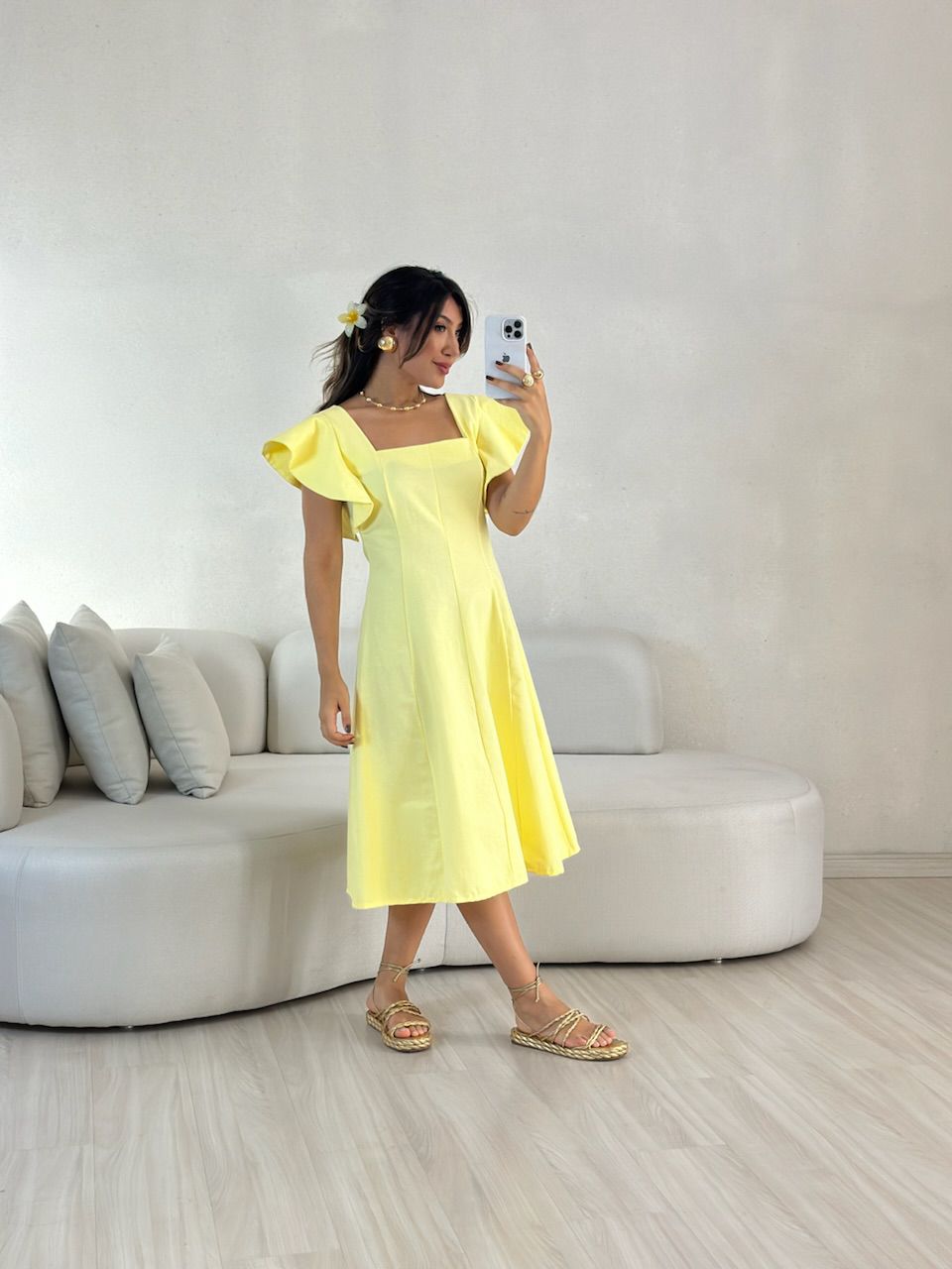 VESTIDO SAMY MANGA BABADO Amarelo - 0057090111 - CAROLLA FERRARO