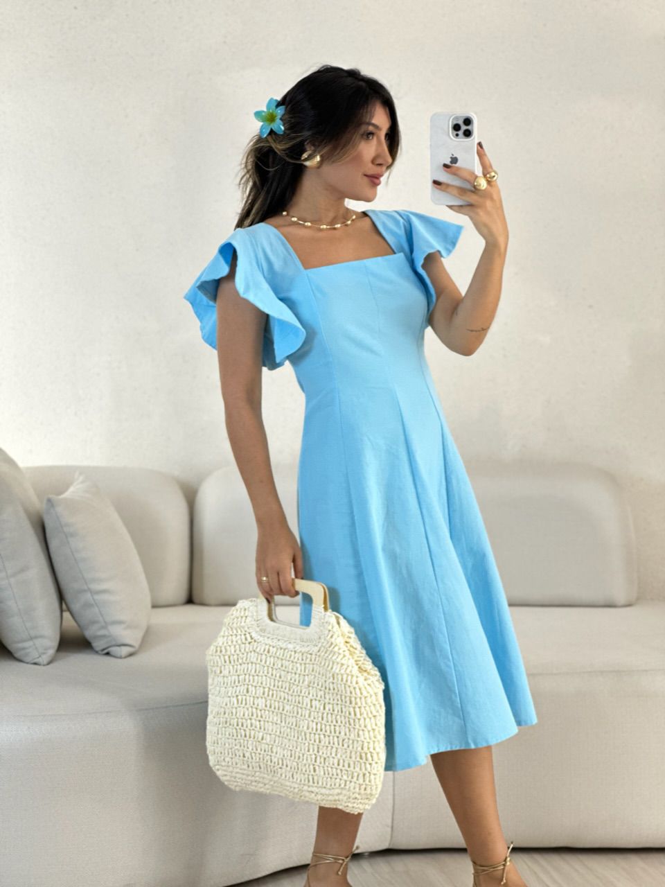 VESTIDO SAMY MANGA BABADO azul