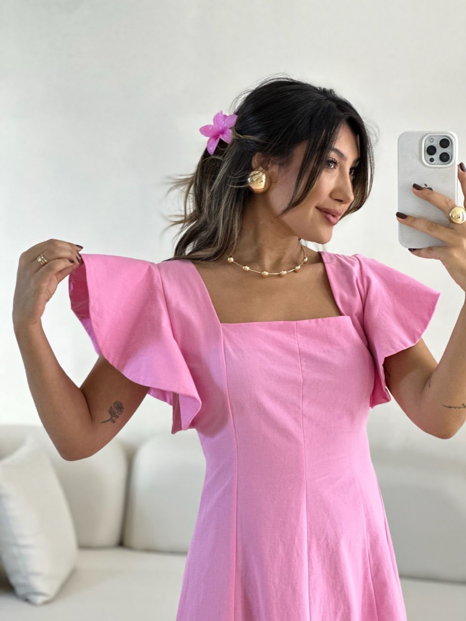 VESTIDO SAMY MANGA BABADO Rosa