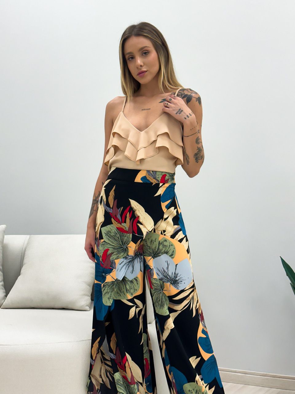 CALÇA LENÇO ESTAMPADA PRETA - 0048580033 - CAROLLA FERRARO