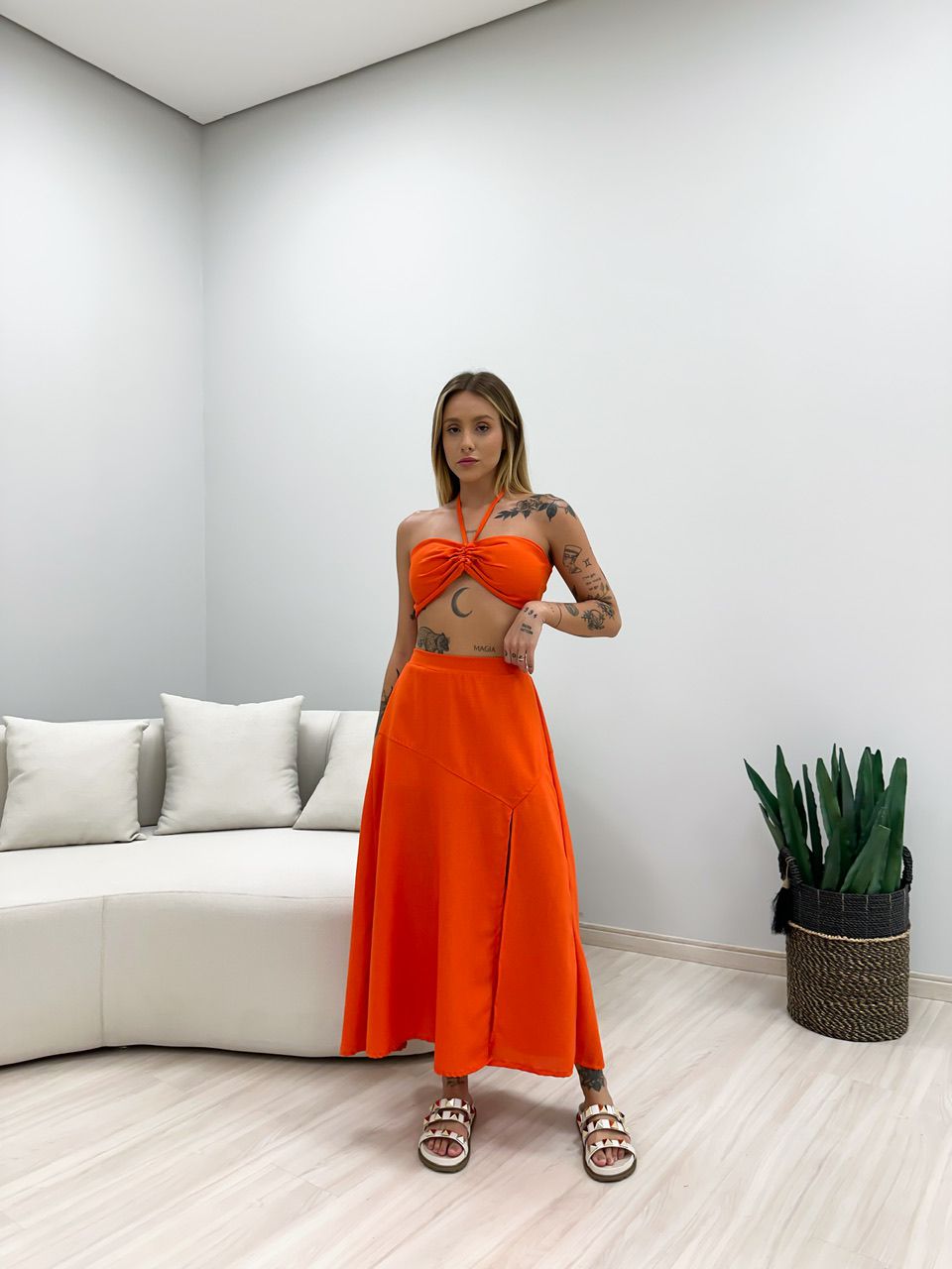 CONJUNTO MILENA SAIA MIDI LARANJA