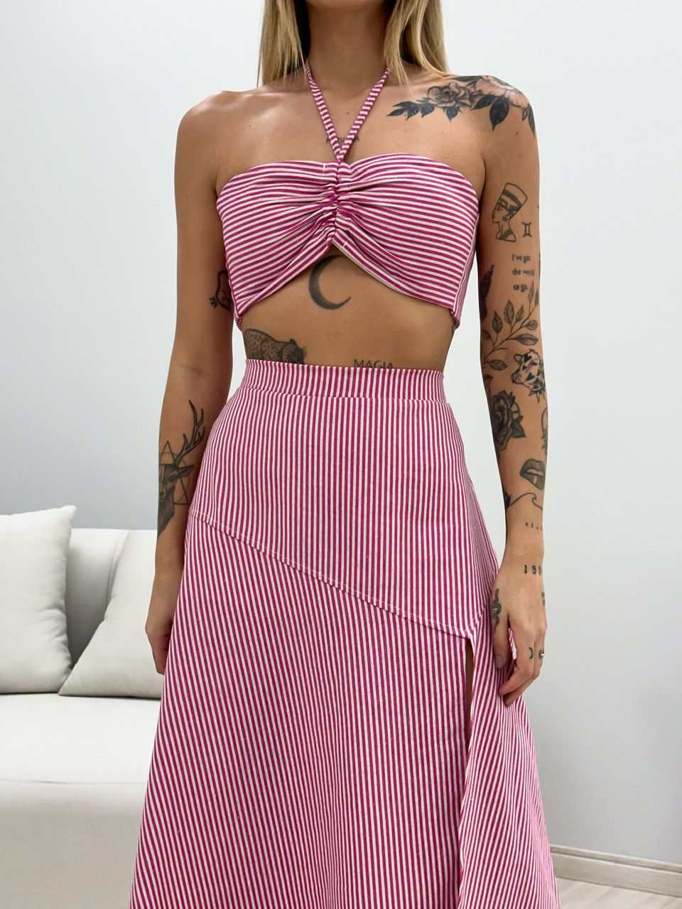 CONJUNTO MILENA SAIA MIDI ROSA LISTRADO