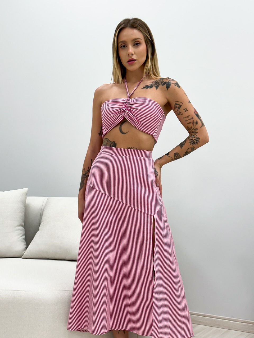CONJUNTO MILENA SAIA MIDI ROSA LISTRADO
