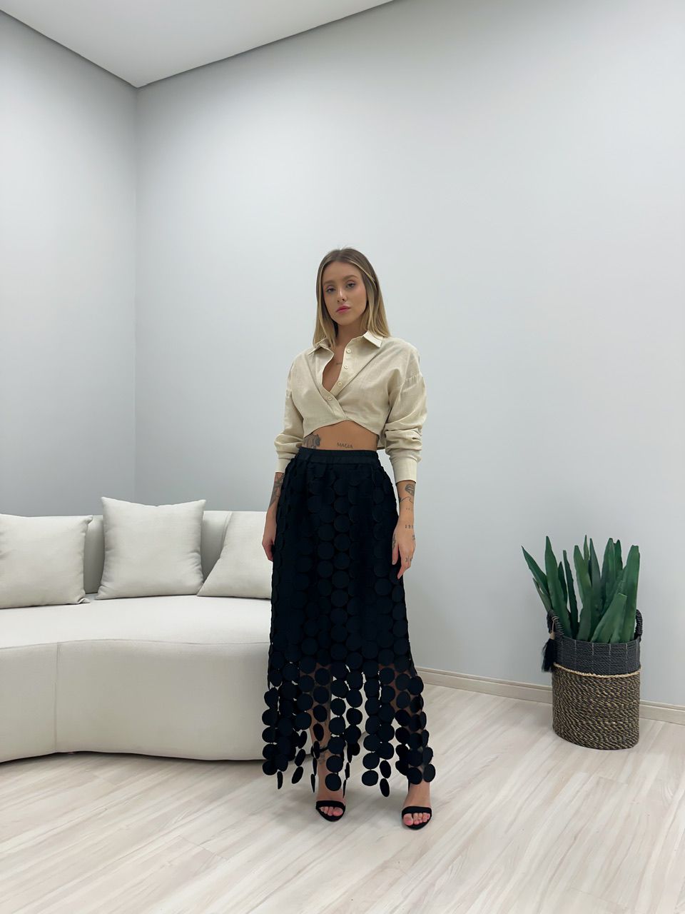 CROPPED CAMISA MANGA LONGA AREIA
