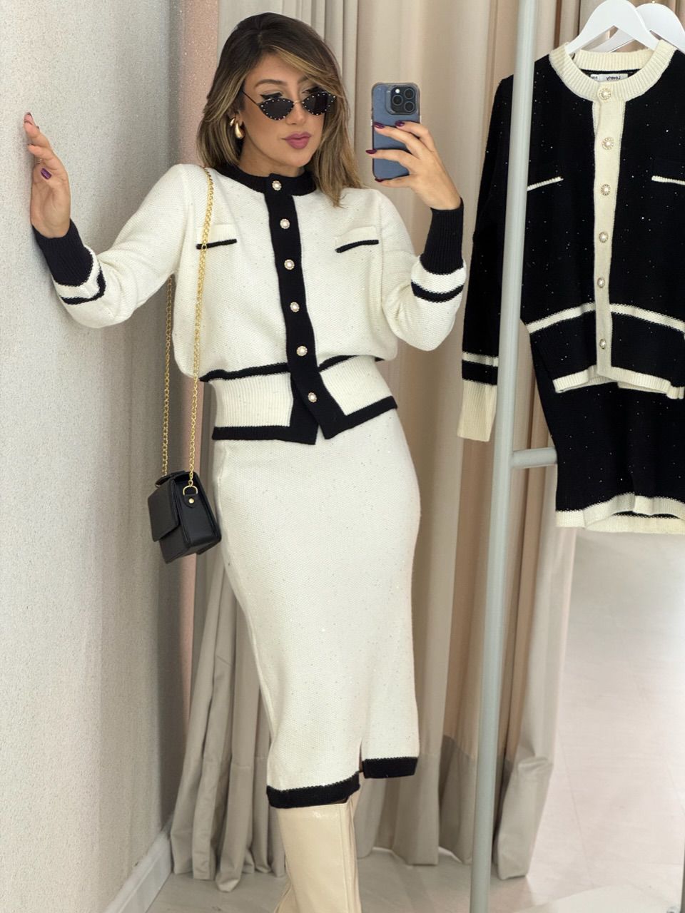 CONJUNTO CHANEL TRICOT OFF/ PRETO - 0050870264 - CAROLLA FERRARO