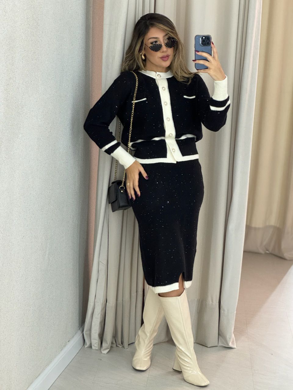 CONJUNTO CHANEL TRICOT PRETO/OFF - 0050870256 - CAROLLA FERRARO